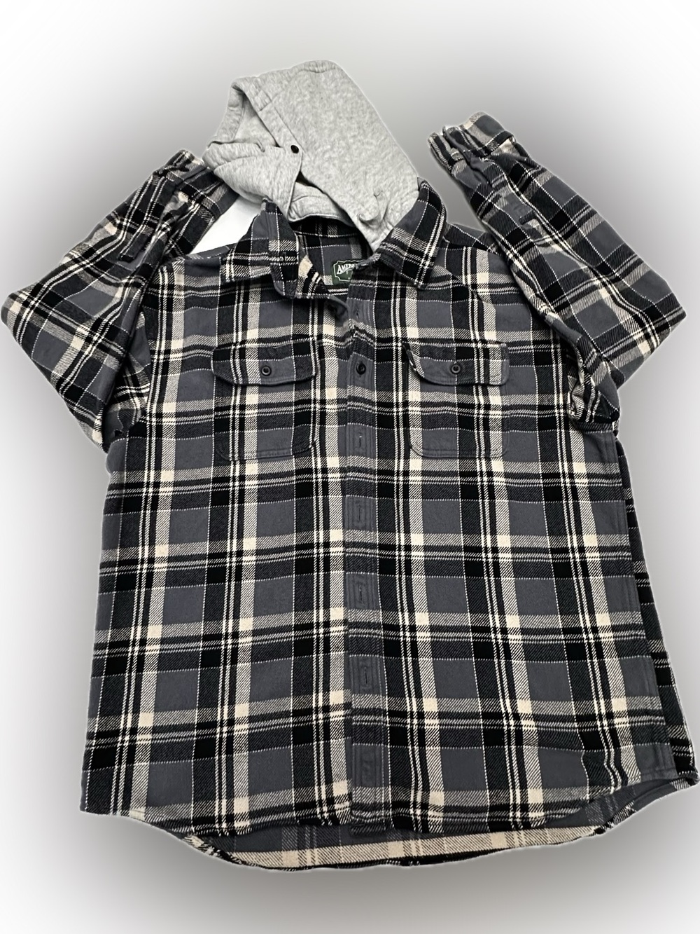American Eagle Grey & Black Plaid Hooded Flannel Shirt